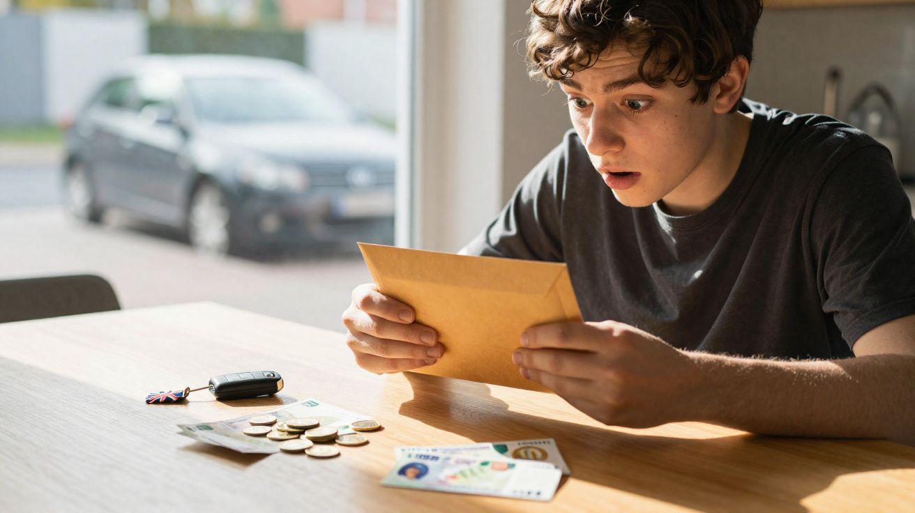 Jovem surpreso segurando envelope sentado à mesa com moedas, cartões e chave de carro.