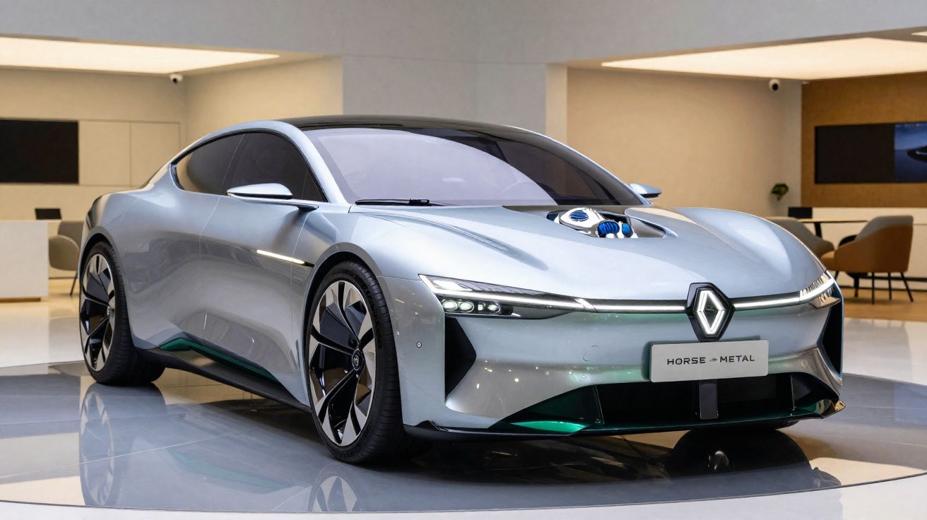 Carro conceito elétrico prata da Renault em exposição moderna com design aerodinâmico e faróis finos.