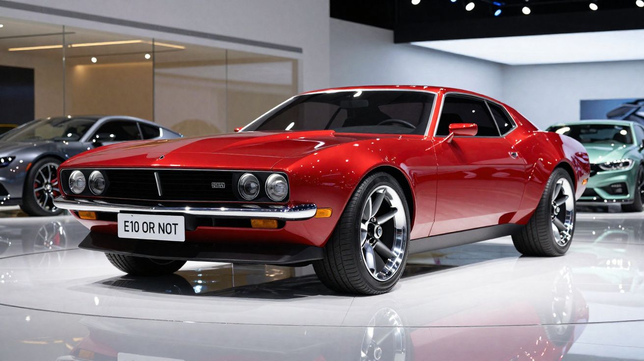 Carro esportivo vermelho clássico com rodas pretas exposto em salão de automóveis moderno.