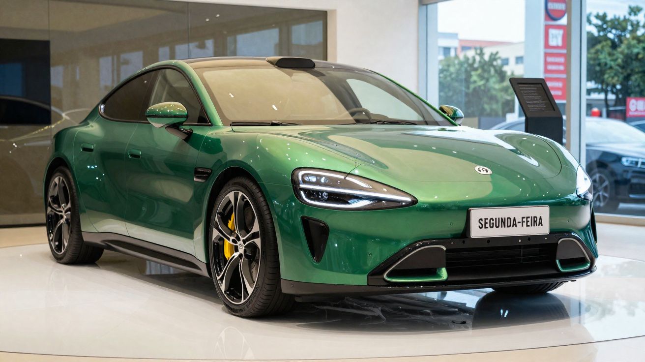 Carro esportivo elétrico verde em exposição dentro de showroom moderno com placa personalizada "SEGUNDA-FEIRA".