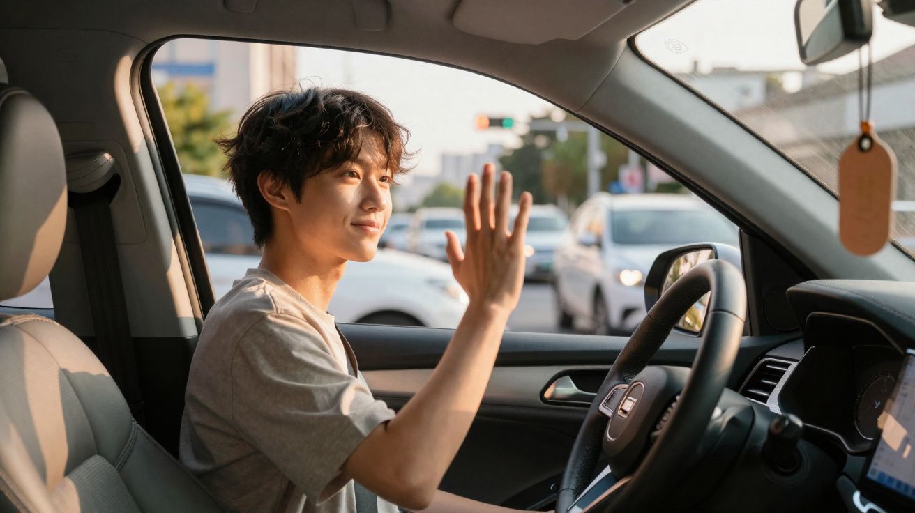 Jovem sorridente dentro de carro estacionado acenando para alguém na rua em dia ensolarado.