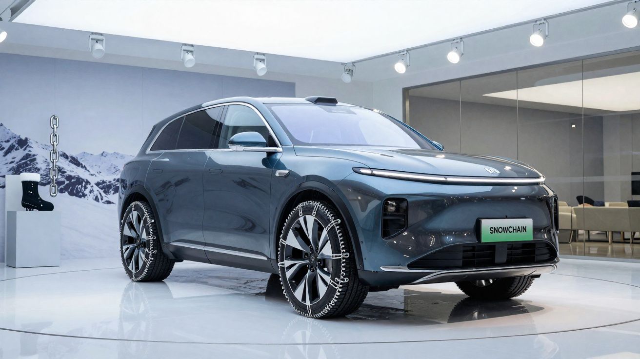 Carro SUV elétrico cinza exposto em showroom moderno com luzes de teto e pneus especiais para neve.