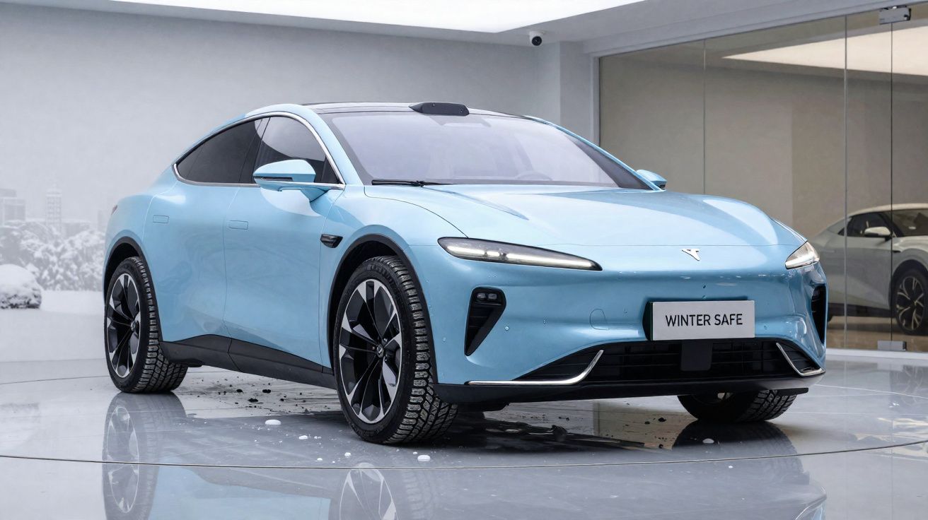 Carro elétrico moderno azul claro em exposição interna, modelo sedã com design aerodinâmico e pneus de alta performance.