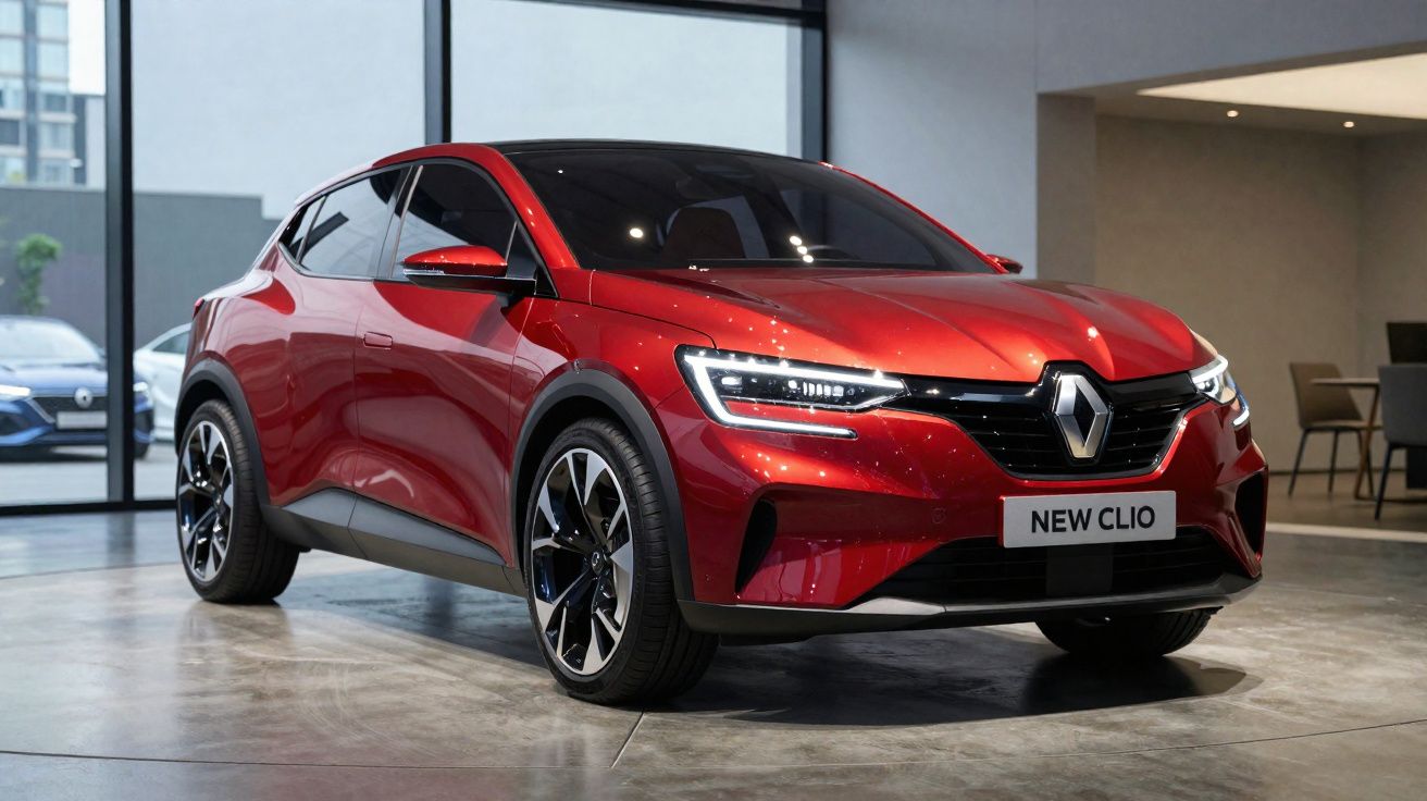 Carro vermelho Renault New Clio estacionado em salão moderno com luzes acesas.