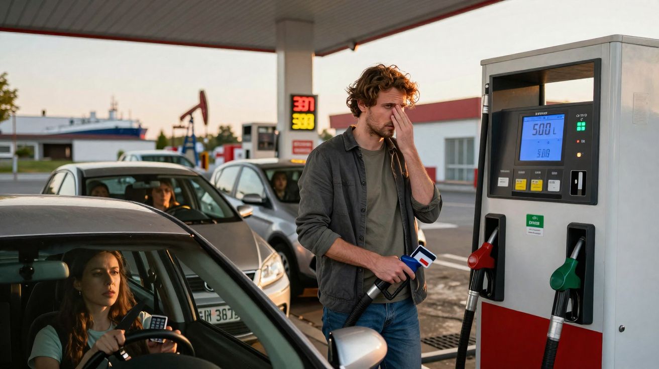 Homem preocupado abastece carro em posto com fila de veículos atrás ao pôr do sol.