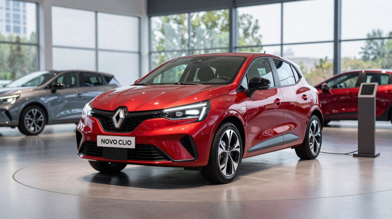 Carro compacto Renault Novo Clio vermelho em exposição dentro de showroom moderno.