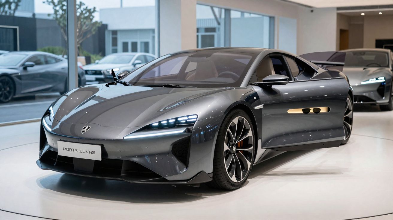 Carro esportivo elétrico cinza metálico exibido em showroom moderno e iluminado.