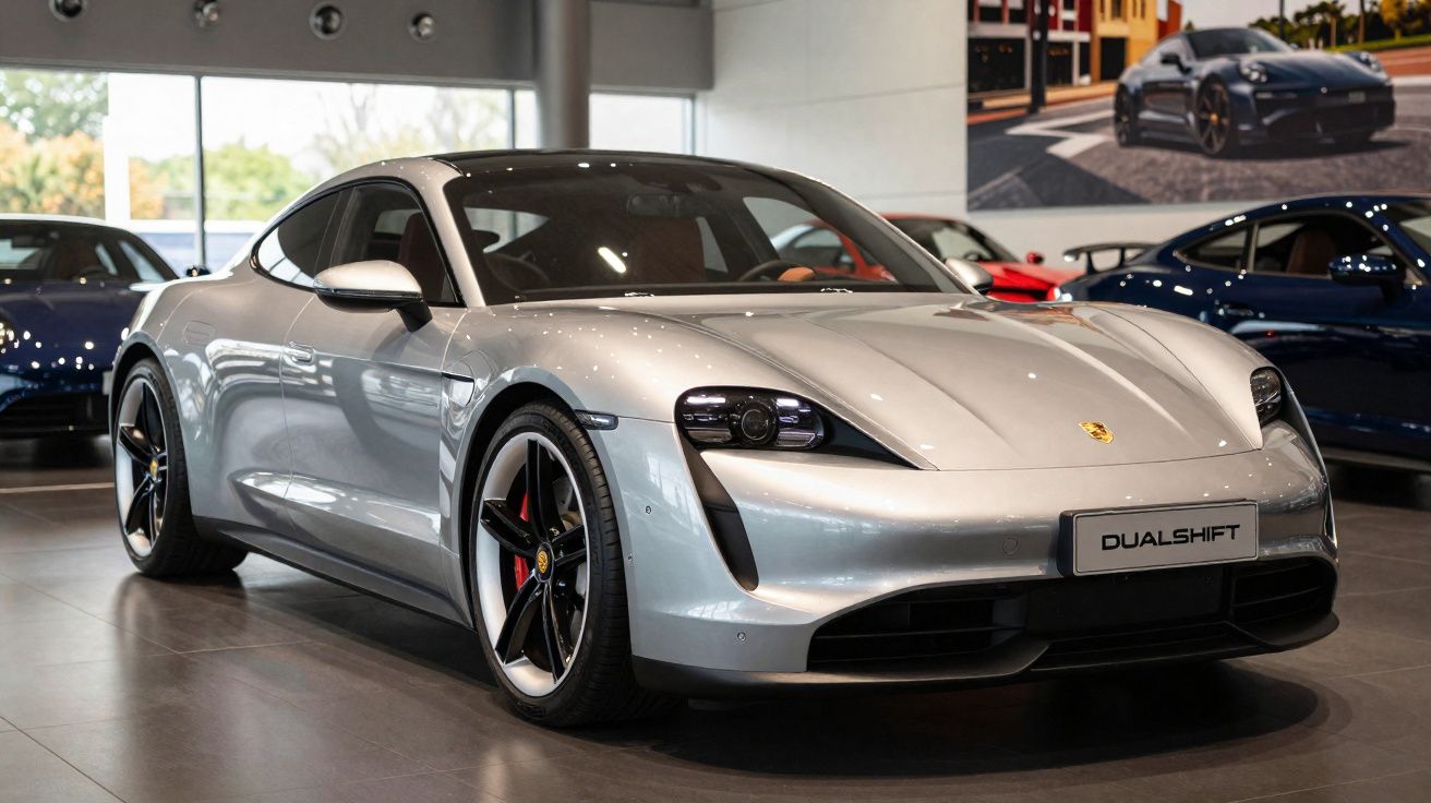 Carro esportivo prata Porsche Taycan exposto em showroom moderno com janelas grandes ao fundo.