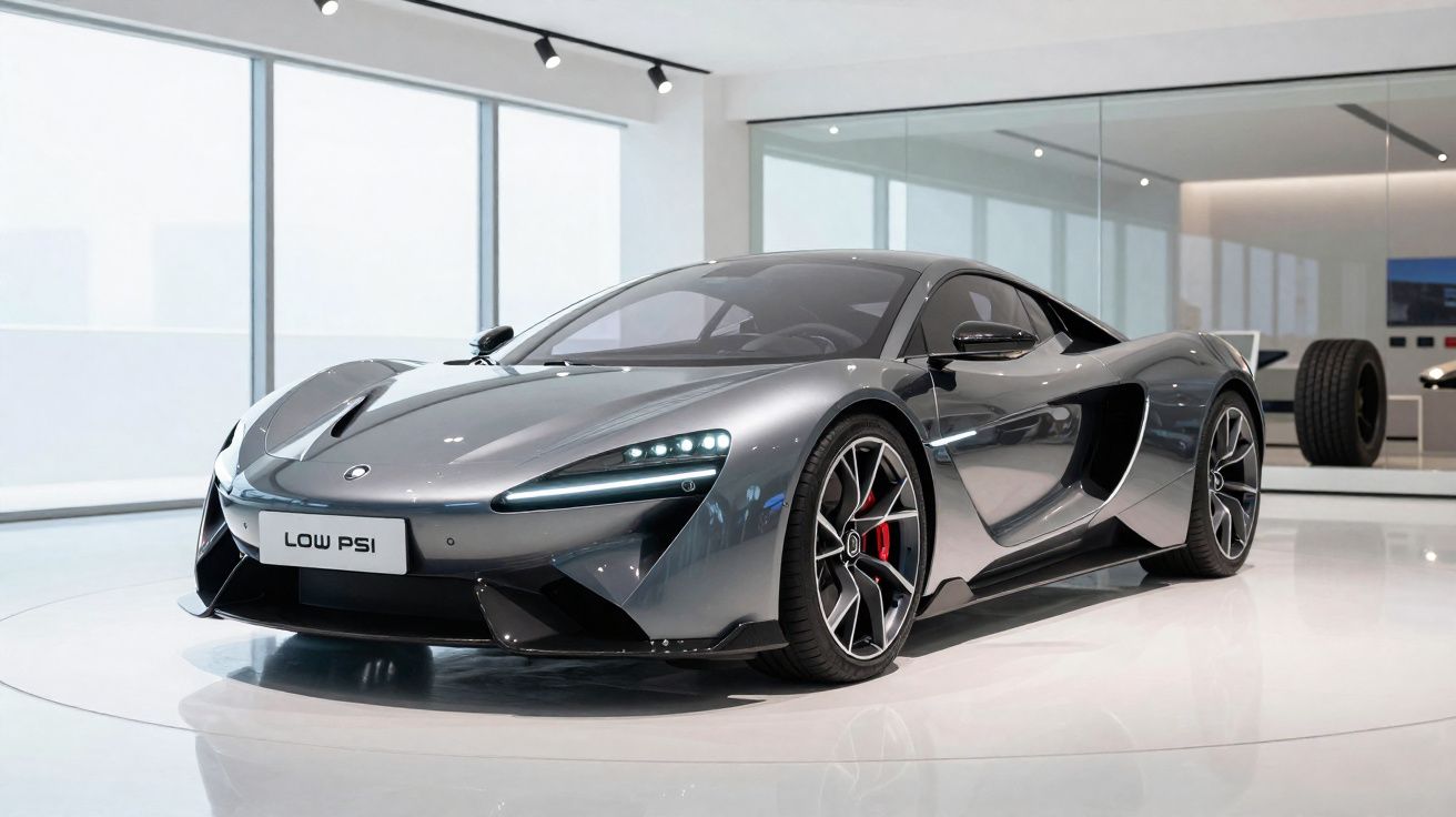 Carro esportivo cinza metálico exposto em ambiente moderno e iluminado com chão branco e paredes espelhadas.