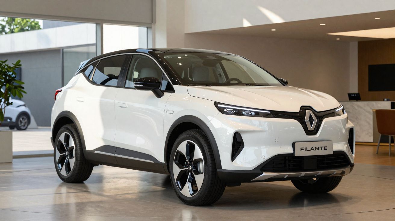 Carro SUV elétrico branco Renault Filante em showroom com teto preto e design moderno.