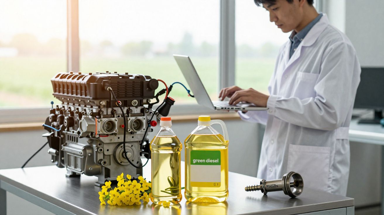 Engenheiro com jaleco analisa dados em laptop ao lado de motor e garrafas de biodiesel em laboratório.