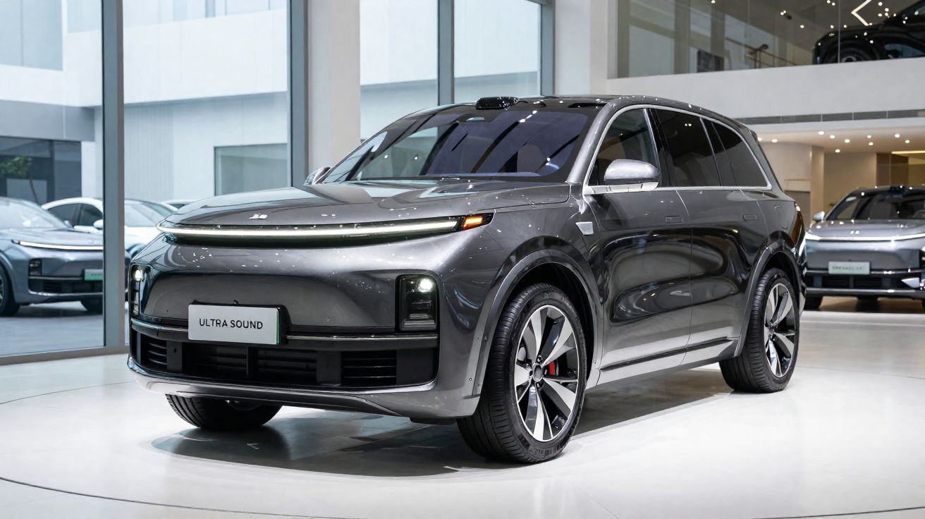 SUV elétrico cinza estacionado em showroom moderno com grandes janelas de vidro e iluminação interna.