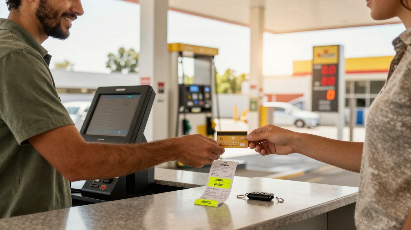 Pessoa pagando com cartão em um posto de combustível enquanto funcionário sorri no caixa.