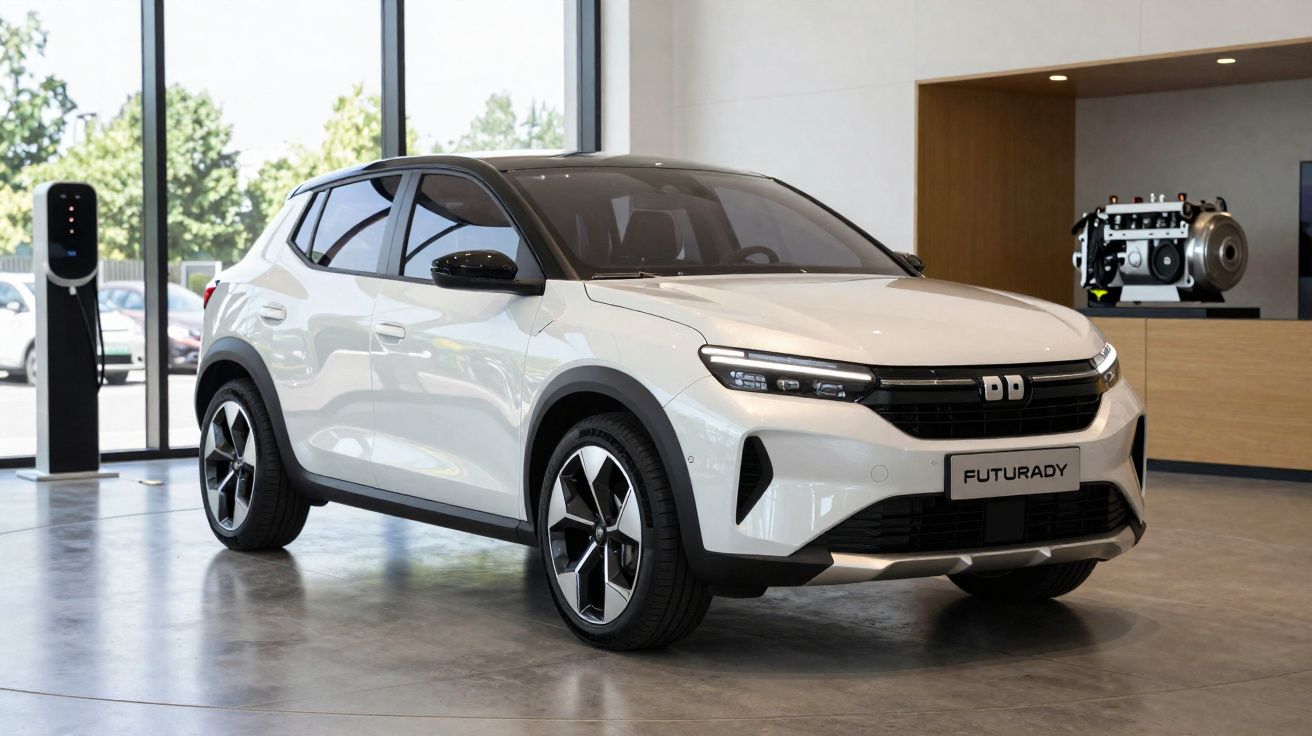 Carro elétrico branco modelo SUV exposto em showroom moderno com estação de recarga ao fundo.