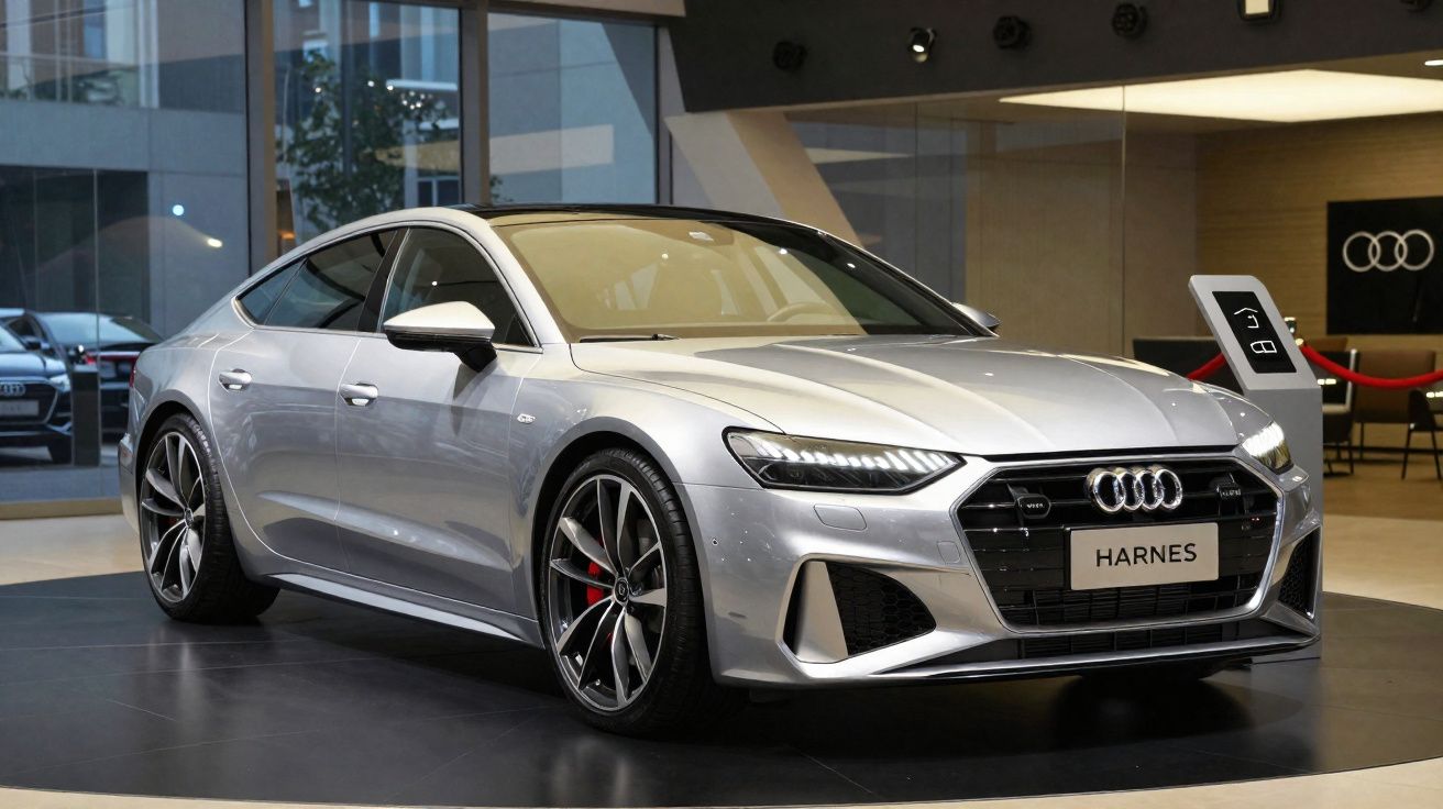 Carro Audi esportivo prata em exposição dentro de showroom moderno com iluminação interna.