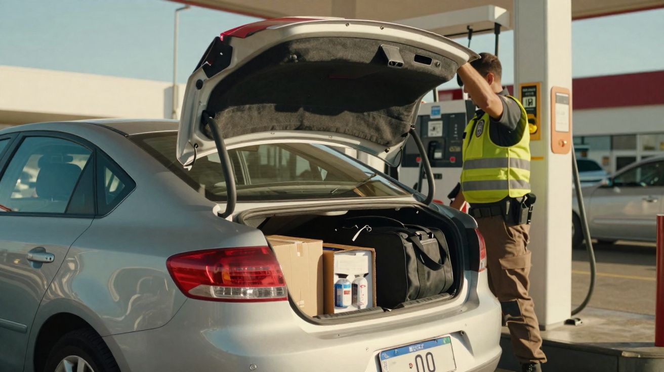 Policial fiscaliza mala aberta de carro prata enquanto motor abastece em posto de combustíveis.