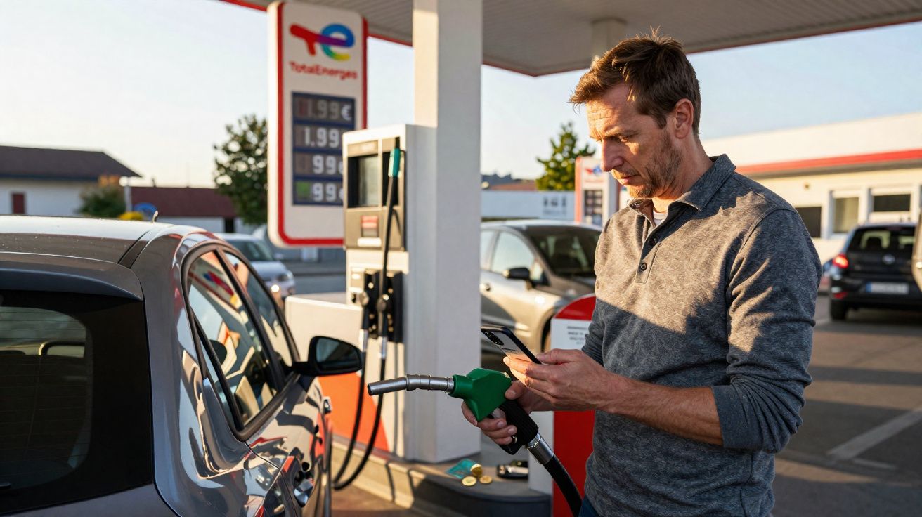 Homem abastecendo carro com gasolina em posto enquanto olha para celular ao entardecer.