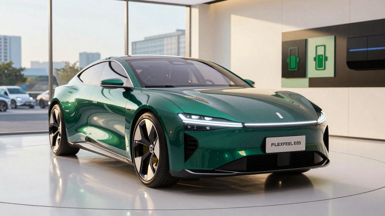 Carro elétrico esportivo verde metálico Flexfeel E85 em exposição em ambiente moderno e iluminado.