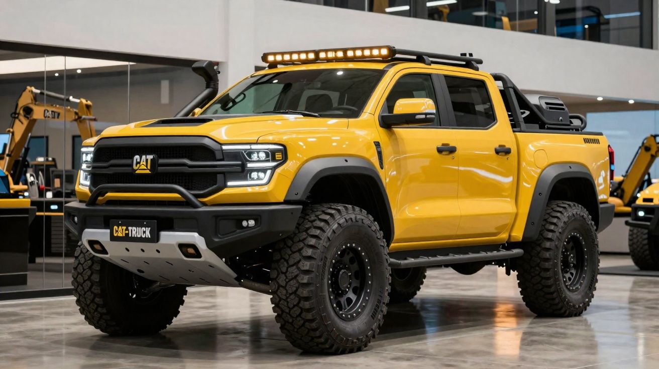 Picape amarela CAT Truck com pneus off-road em exposição interna moderna.