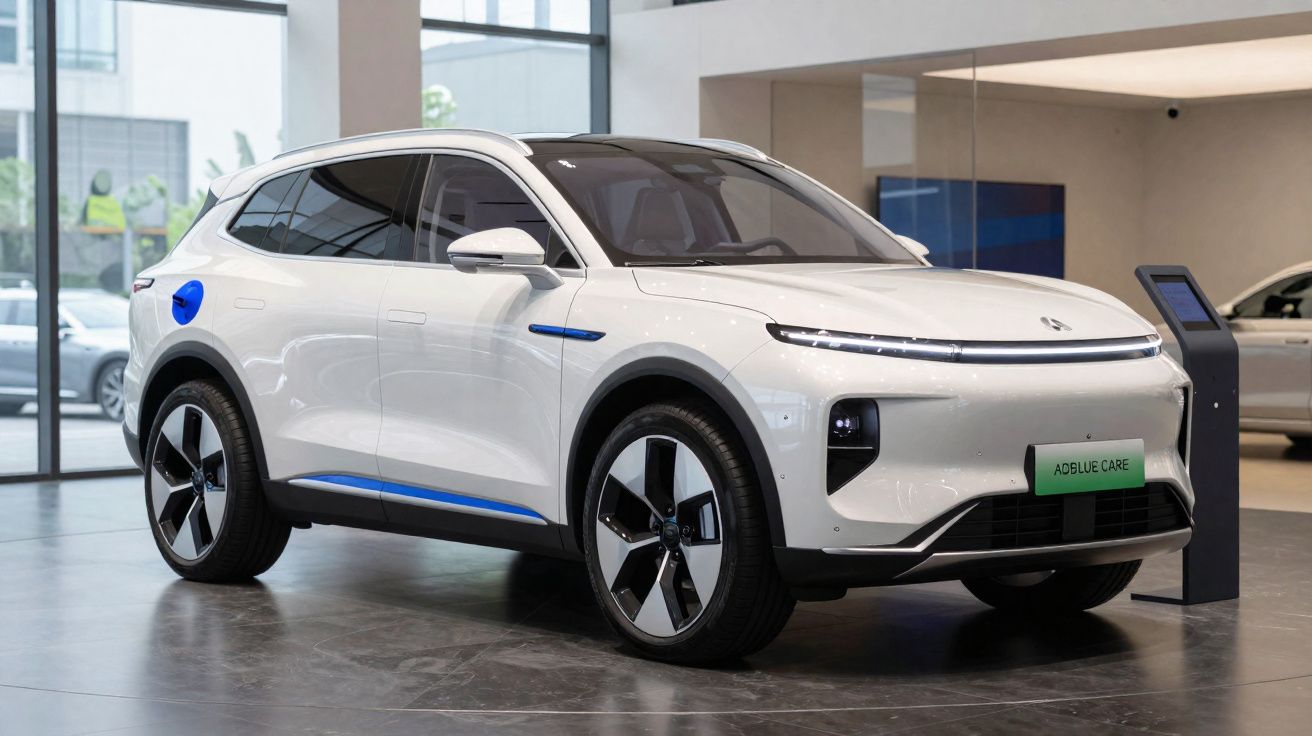 Carro elétrico branco exibido em showroom moderno com design aerodinâmico e linhas azuis nos detalhes.