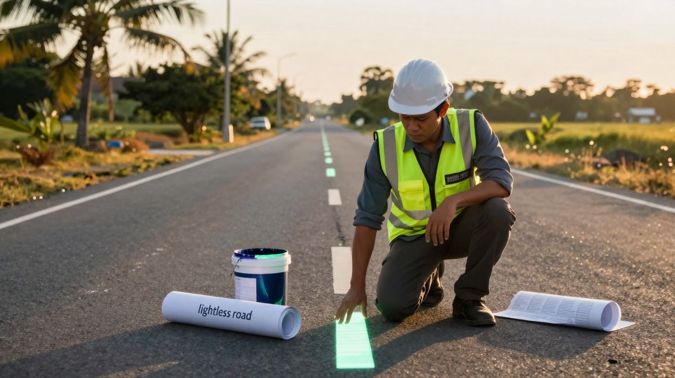 Profissional com capacete e colete refletivo aplicando tinta luminosa na sinalização de estrada ao entardecer.