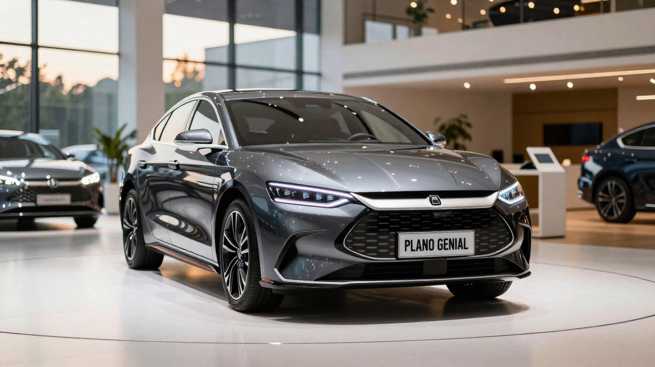 Carro elétrico cinza em exposição moderna com placas personalizadas "PLANO GENIAL".