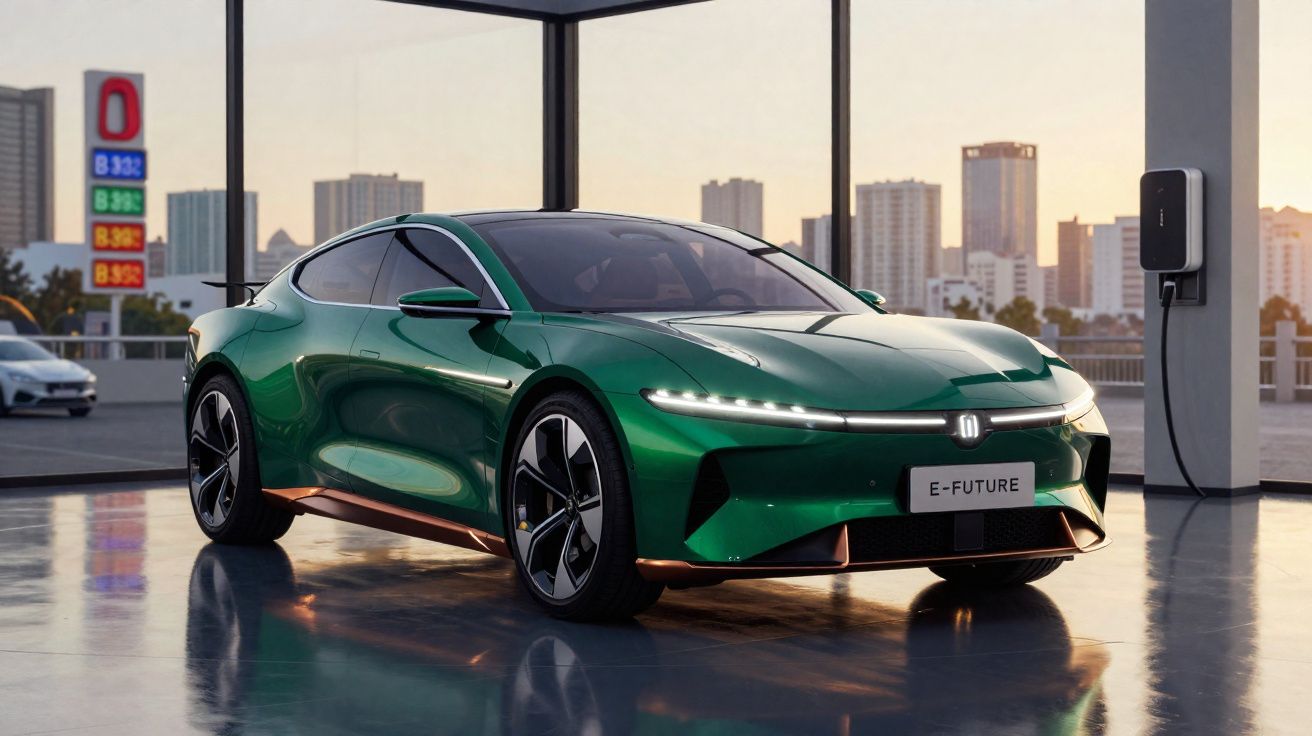 Carro elétrico verde E-Future estacionado em ambiente urbano com painel de pedágio e edifícios ao fundo.