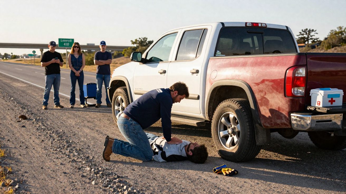 Homem presta socorro a pessoa caída ao lado de caminhonete parada à beira de estrada com três pessoas observando.