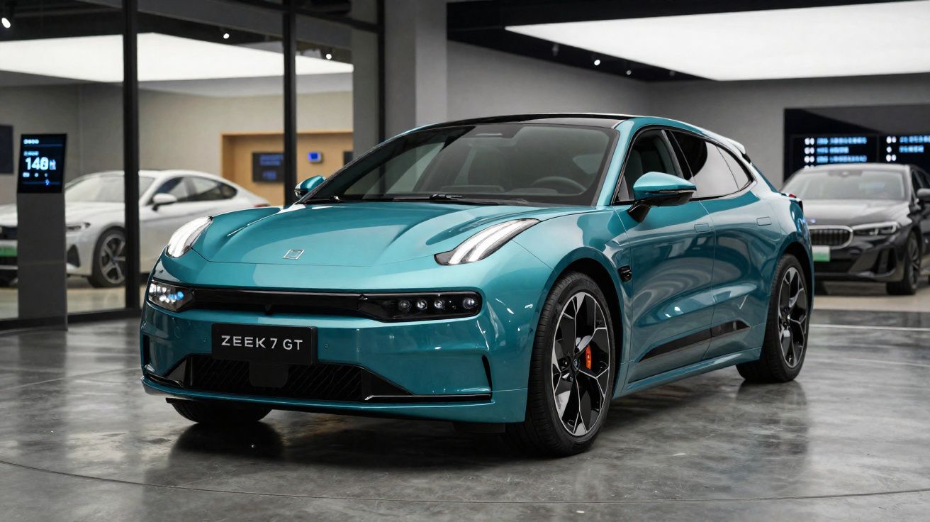 Carro esportivo elétrico azul Zeekr 7 GT estacionado em showroom moderno e iluminado.