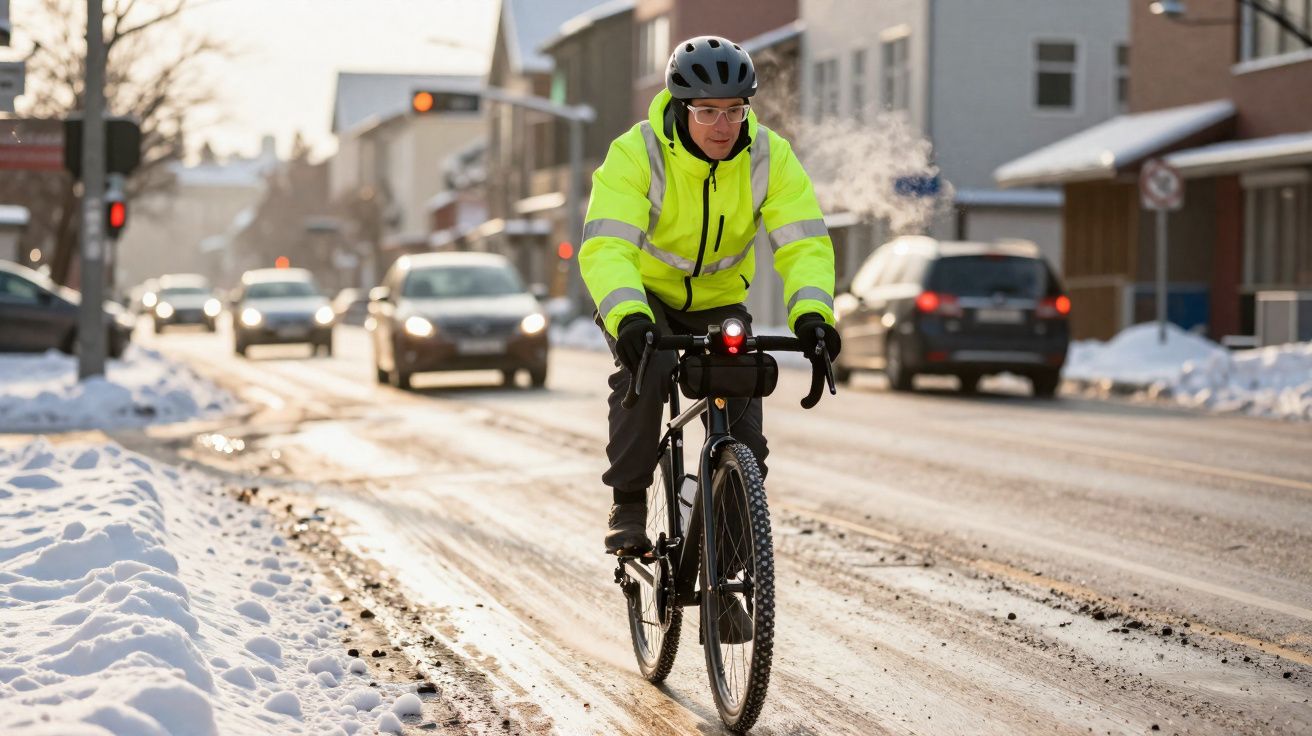 Homem de jaqueta amarela pedalando bicicleta em rua coberta de neve com carros ao fundo.