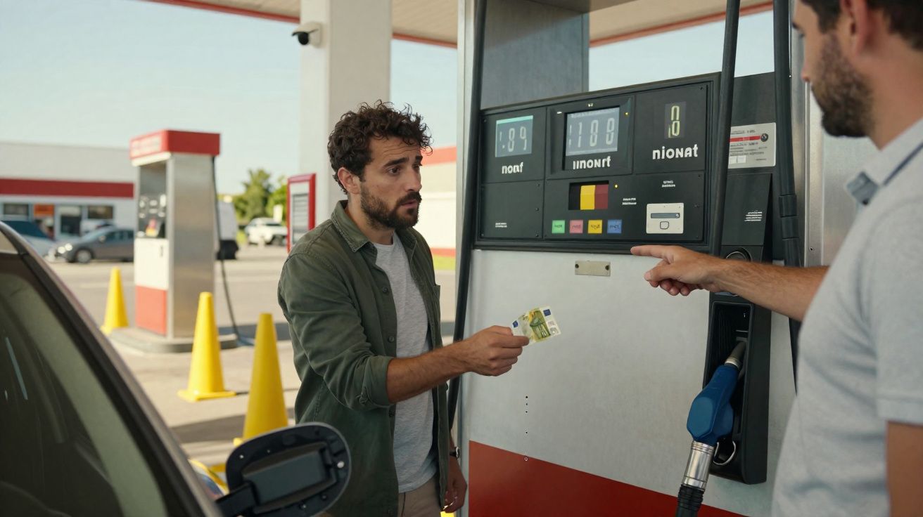 Homem com cartão de pagamento na mão abastecendo carro em posto de gasolina com outra pessoa.