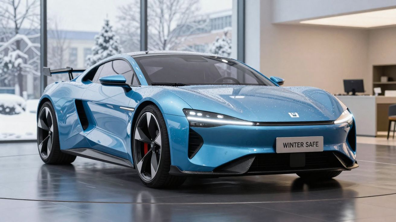 Carro esportivo azul metálico em ambiente interno com neve visível pela janela ao fundo.