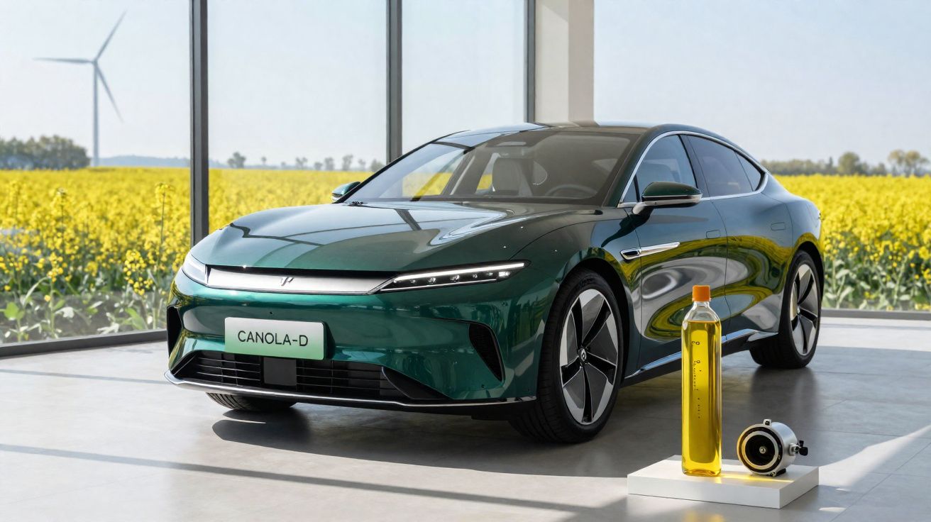 Carro elétrico verde modelo Canola-D em showroom com campo de flores amarelas ao fundo e garrafa de óleo à frente.