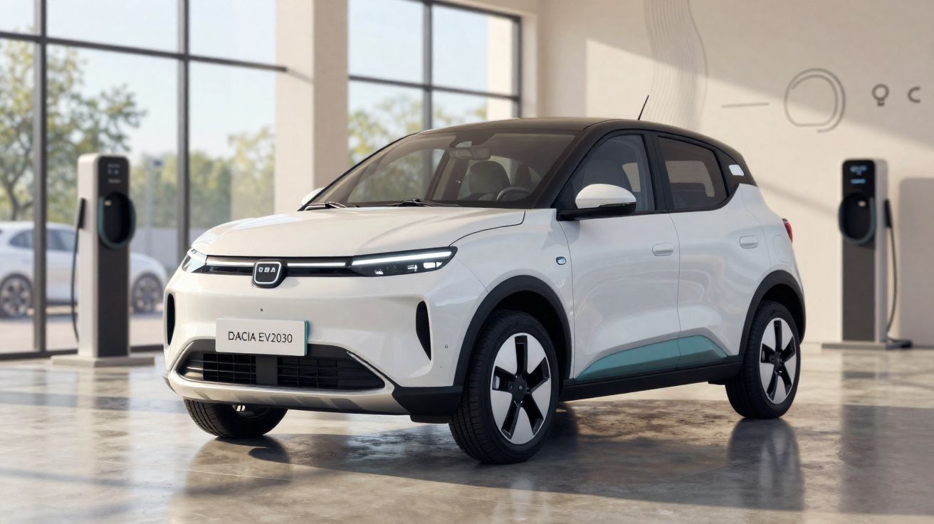 Carro elétrico branco Dacia EV2030 estacionado em showroom com estações de recarga ao fundo.