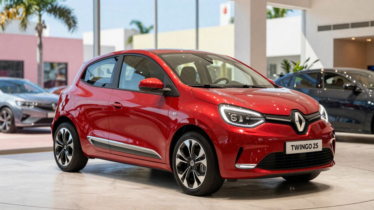Carro vermelho Renault Twingo 25 em exposição dentro de showroom iluminado e moderno.