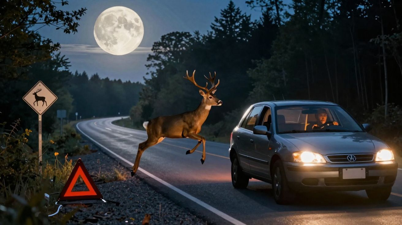 Veado pulando na estrada iluminada pelo farol do carro sob a lua cheia à noite.