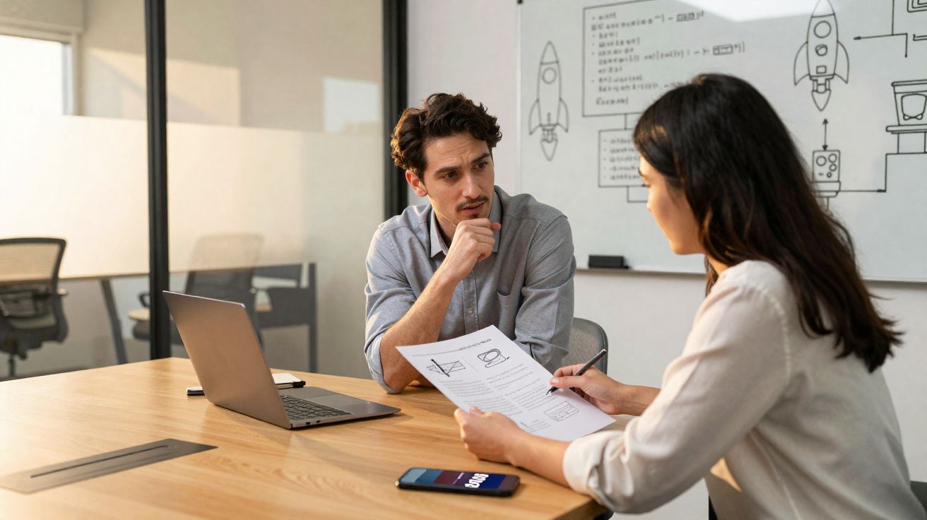 Homem e mulher discutem documentos em reunião com laptop e celular sobre mesa em sala de escritório.