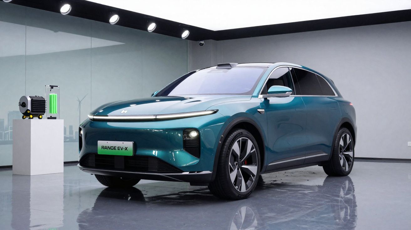 Carro elétrico azul Range EV-X estacionado em sala moderna com piso cinza e parede clara.