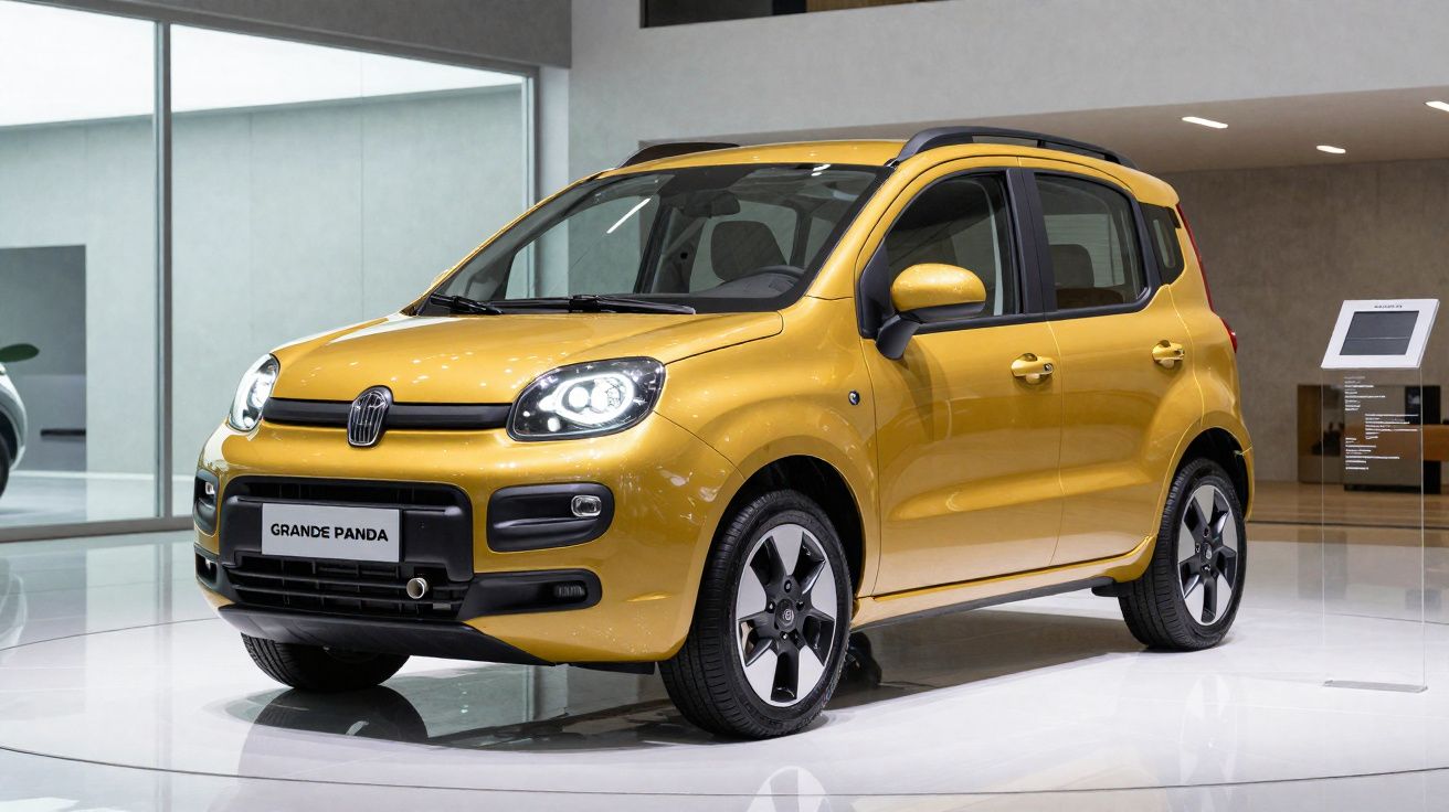 Carro Fiat Grande Panda amarelo exposto em ambiente interno com piso branco e paredes cinza claras.