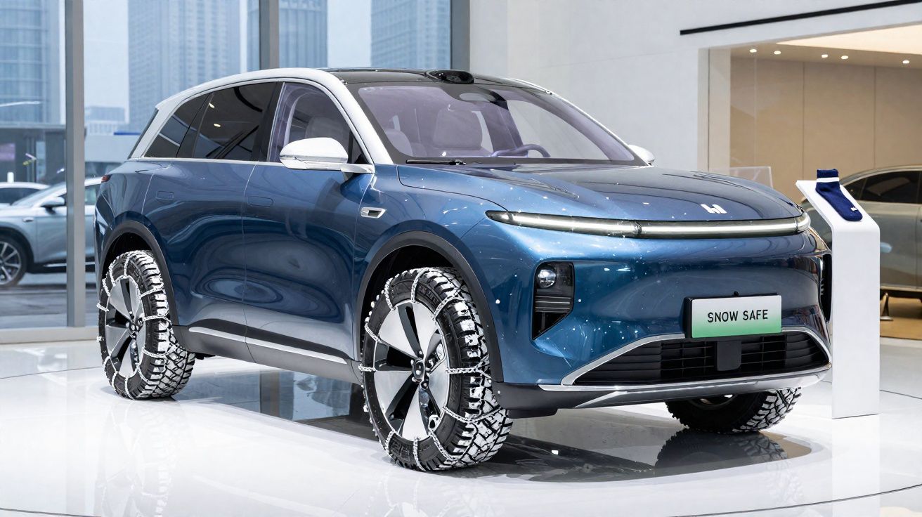 SUV elétrico azul com design moderno em exposição em showroom urbano com vidros escuros e placas Snow Safe.