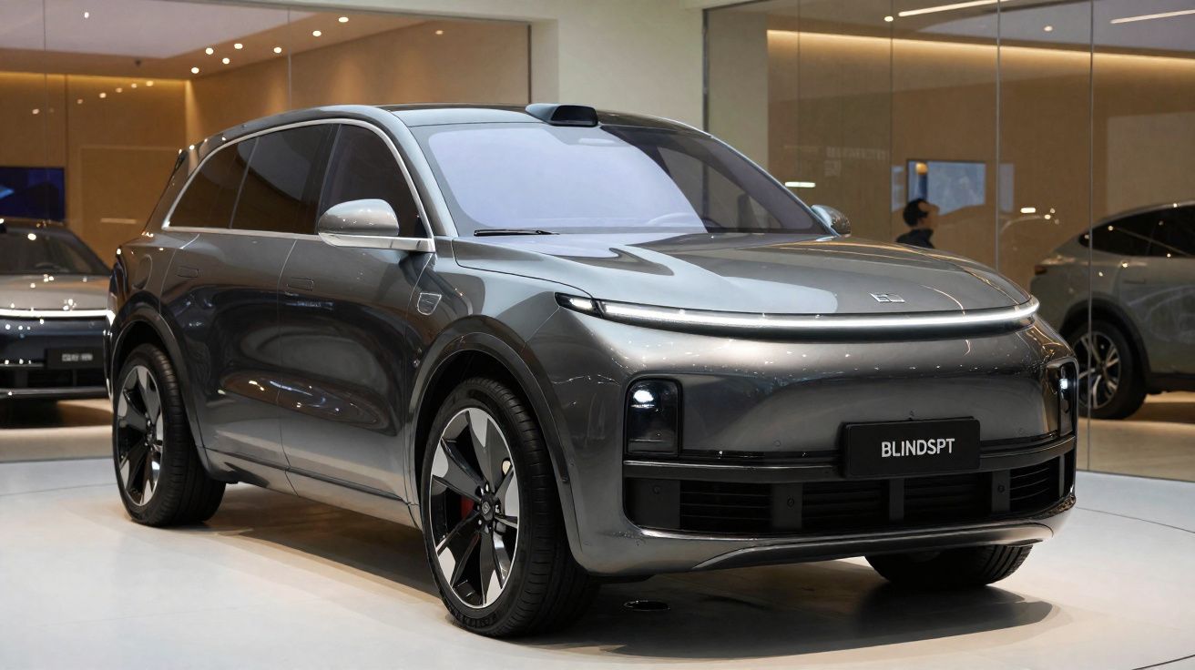 Carro SUV elétrico cinza escuro em exposição, com design moderno e faróis em LED.