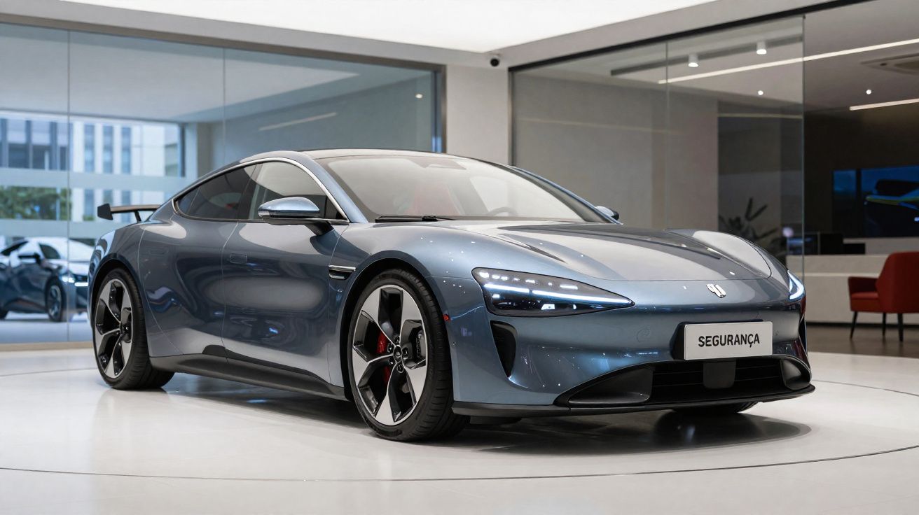 Carro esportivo cinza escuro com design aerodinâmico exposto em showroom moderno.