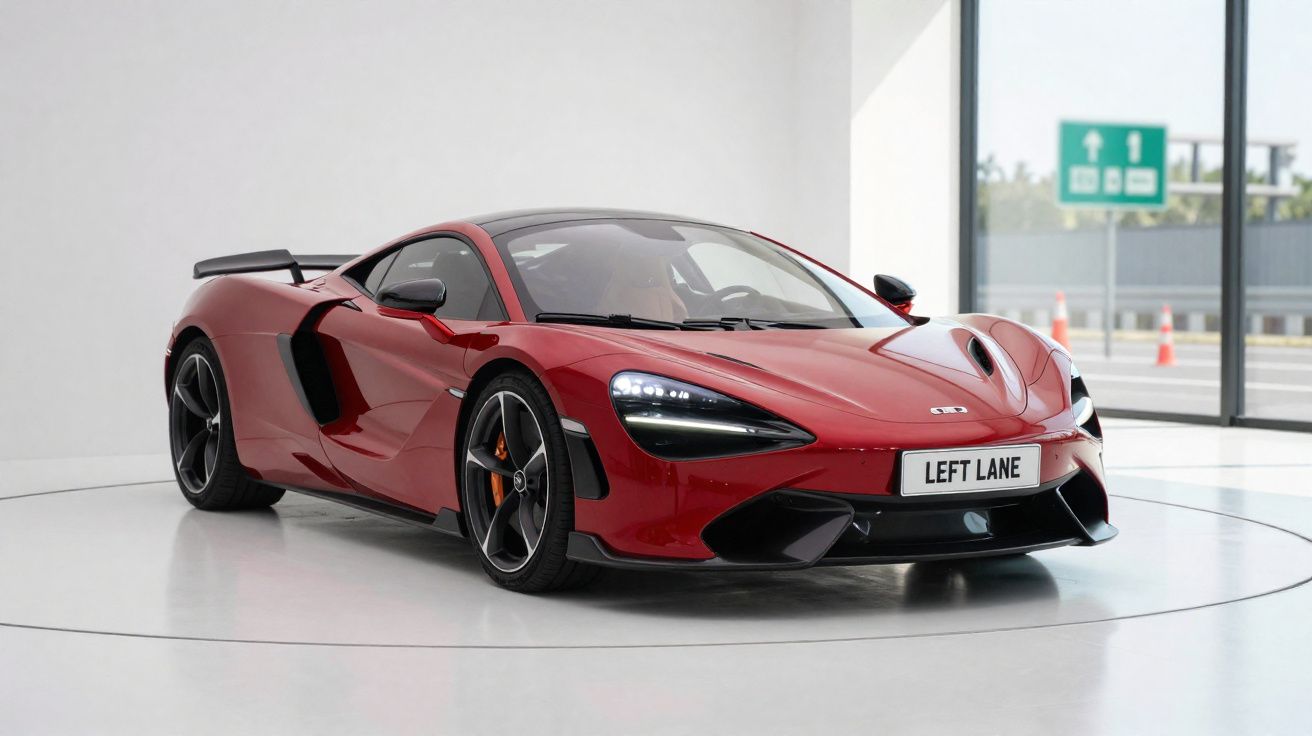 Carro esportivo vermelho McLaren com design aerodinâmico e faróis de LED em ambiente interno branco.