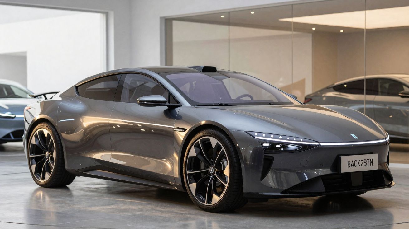 Carro esportivo cinza estacionado em ambiente interno moderno com vidro ao fundo.