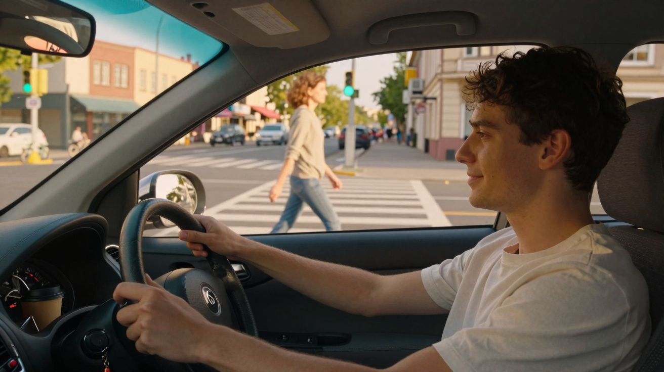 Homem sorrindo dirige carro enquanto mulher atravessa a faixa de pedestres em área urbana.
