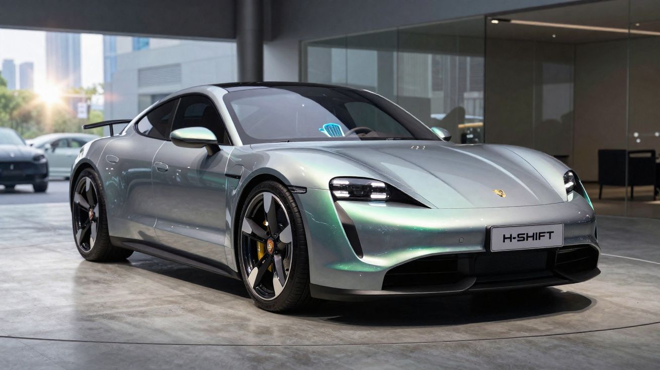 Carro esportivo elétrico prata estacionado em showroom com detalhes em preto e rodas pretas.