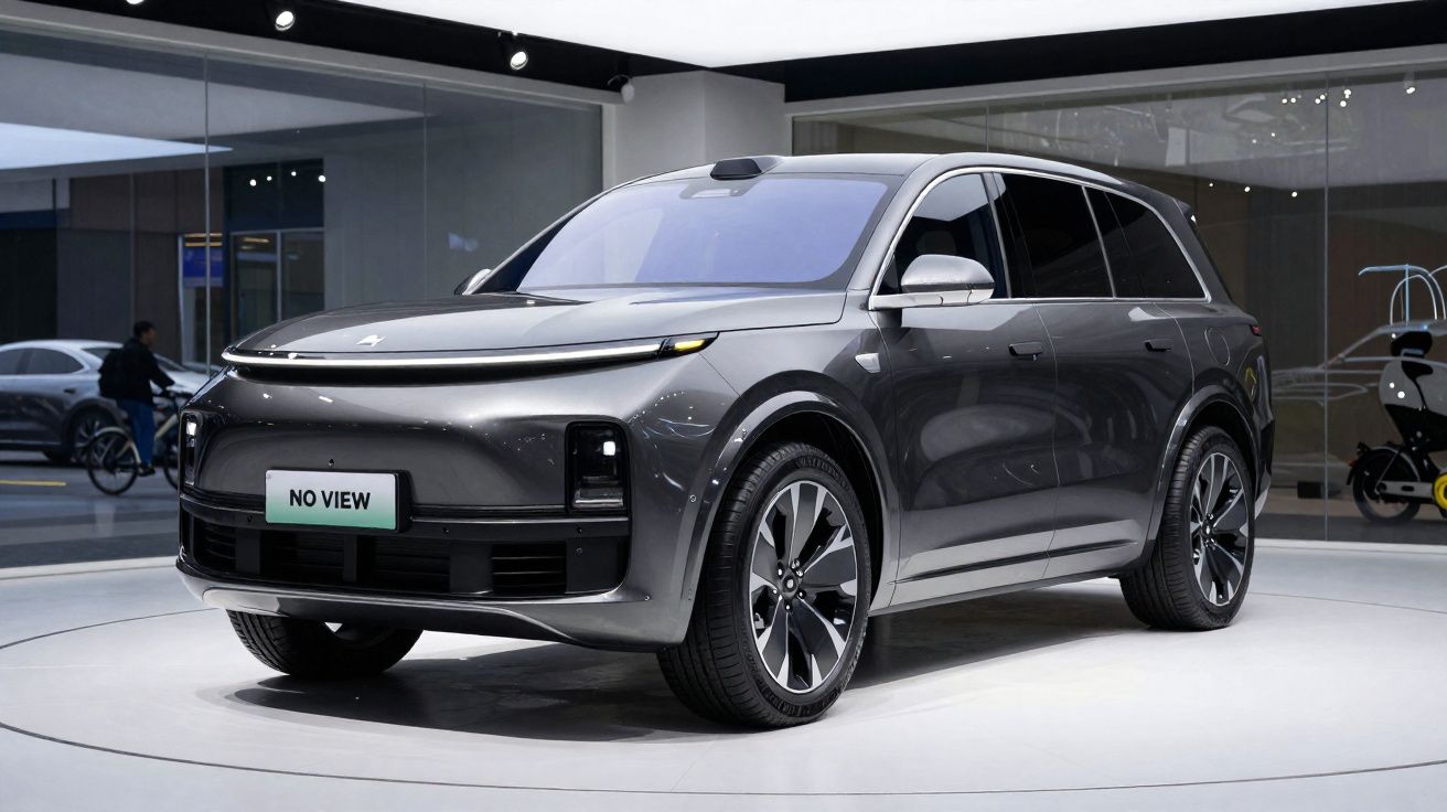 SUV elétrico cinza metálico exibido em exposição interna, com design moderno e portas sem maçanetas visíveis.