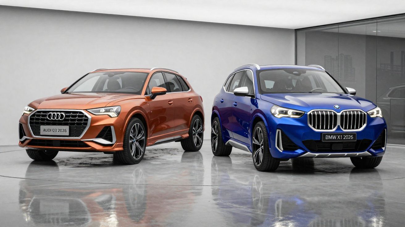 Dois SUVs, Audi Q3 2025 em laranja à esquerda e BMW X1 2026 em azul à direita, em ambiente interno moderno.