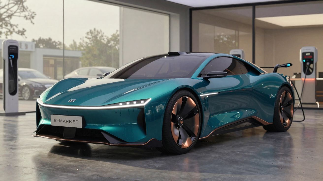 Carro esportivo elétrico azul carregando em estação de recarga interna moderna.