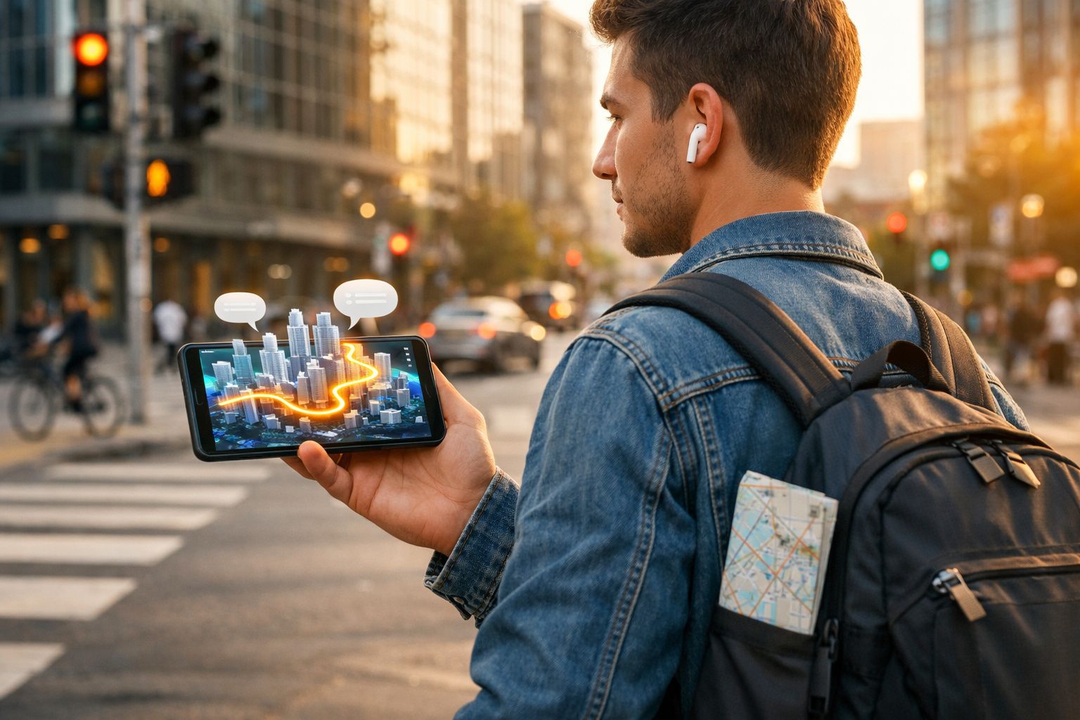 Jovem com mochila usa tecnologia de realidade aumentada em celular para navegação na cidade.